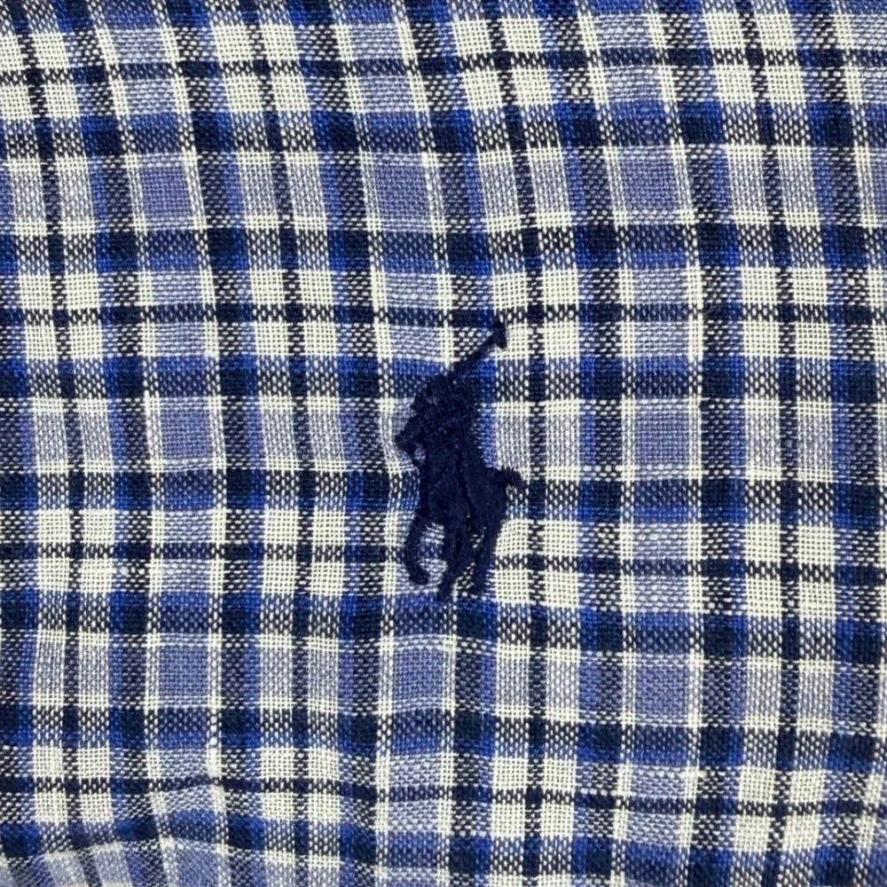 Polo Ralph Lauren Button Down Mens XL Blue White Plaid 100% Linen Long Sleeve